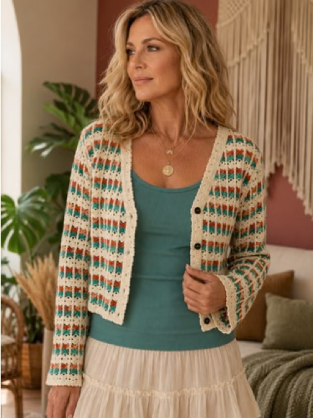 POL Cream Multicolor Crochet-Trim Cardigan Sweater - Women